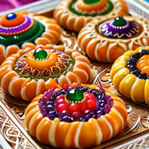 Home 11 ** A close-up shot of beautifully decorated traditional Arab sweets. Focus on vibrant colors and intricate details.
**
