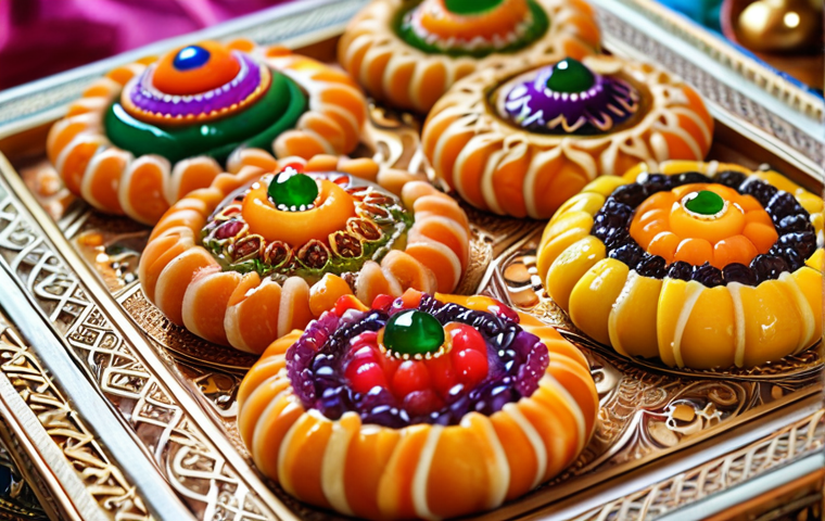 ** A close-up shot of beautifully decorated traditional Arab sweets. Focus on vibrant colors and intricate details.

**