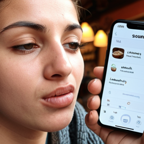 Home 6 **
A close-up shot of a person's face, focused on the mouth, pronouncing an Arabic guttural sound. The person is using a smartphone with a pronunciation app open, showing the phonetic transcription (IPA) of the sound. The background is a cozy Italian cafe, suggesting a relaxed learning environment.
**