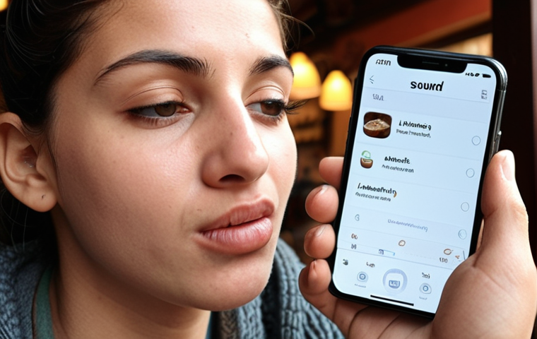 **
A close-up shot of a person's face, focused on the mouth, pronouncing an Arabic guttural sound. The person is using a smartphone with a pronunciation app open, showing the phonetic transcription (IPA) of the sound. The background is a cozy Italian cafe, suggesting a relaxed learning environment.
**