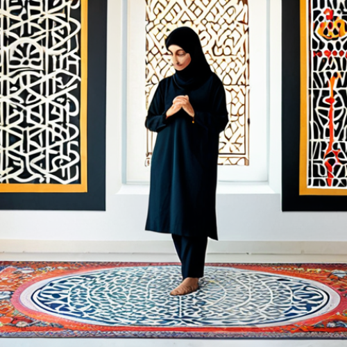 A female artist, fully clothed in a modest, contemporary professional artist's smock over appropriate attire. She is meticulously drawing intricate Arabic calligraphy and modern geometric patterns on a large canvas. The setting is her spacious, well-lit art studio, featuring a harmonious blend of minimalist modern design and subtle traditional Arab architectural elements, such as a contemporary arched window or a zellige-inspired floor pattern. The artwork on the canvas showcases a vibrant fusion of ancient calligraphic forms and abstract geometric designs. Perfect anatomy, correct proportions, natural pose, well-formed hands, proper finger count. High-quality professional photography, natural lighting, sharp focus, vibrant colors, safe for work, appropriate content, fully clothed, professional, family-friendly.