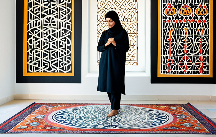 A female artist, fully clothed in a modest, contemporary professional artist's smock over appropriate attire. She is meticulously drawing intricate Arabic calligraphy and modern geometric patterns on a large canvas. The setting is her spacious, well-lit art studio, featuring a harmonious blend of minimalist modern design and subtle traditional Arab architectural elements, such as a contemporary arched window or a zellige-inspired floor pattern. The artwork on the canvas showcases a vibrant fusion of ancient calligraphic forms and abstract geometric designs. Perfect anatomy, correct proportions, natural pose, well-formed hands, proper finger count. High-quality professional photography, natural lighting, sharp focus, vibrant colors, safe for work, appropriate content, fully clothed, professional, family-friendly.