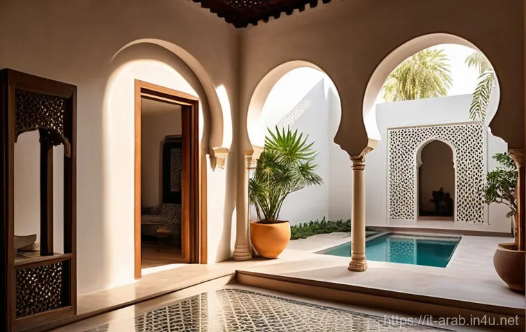 아랍어권에서의 건축 양식 - **Sustainable Future Meets Ancient Wisdom:**
    A visionary, eco-friendly urban landscape in a mode...