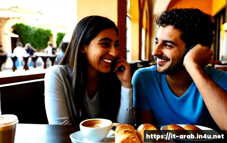 Home 12 아랍어권에서의 인터넷 밈 - Photorealistic candid scene of two Arab Italian university friends in a sunny Roman café, laughing w...
