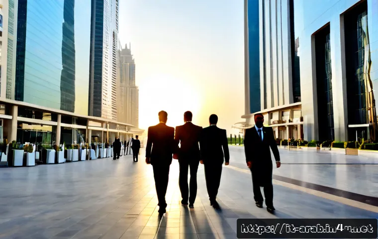 아랍어권에서 유명한 기업 - Photorealistic modern business district in Dubai at sunrise, elegant glass skyscrapers, a diverse gr...